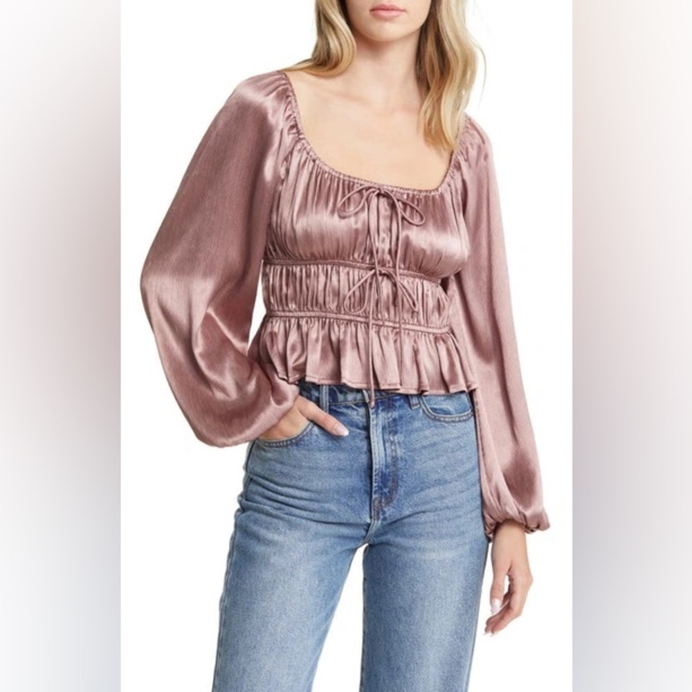 NWOT All in Favor Mauve Satin Puff Sleeve Peasant Cropped Peplum Top | Size S